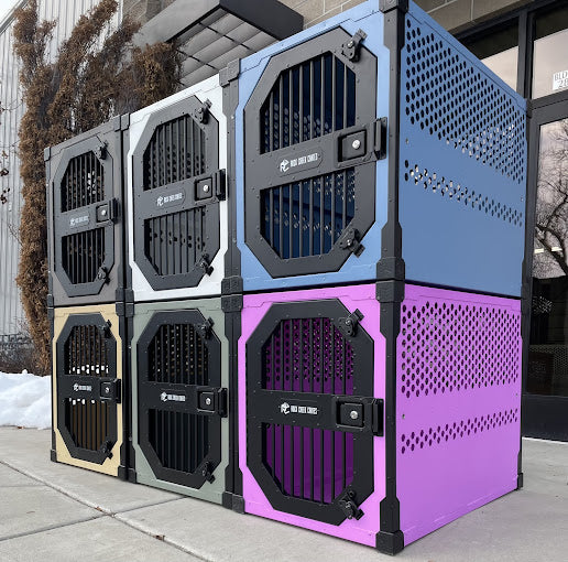 Rock Creek Crates stationary dog crates are shown in multiple colors, stacked