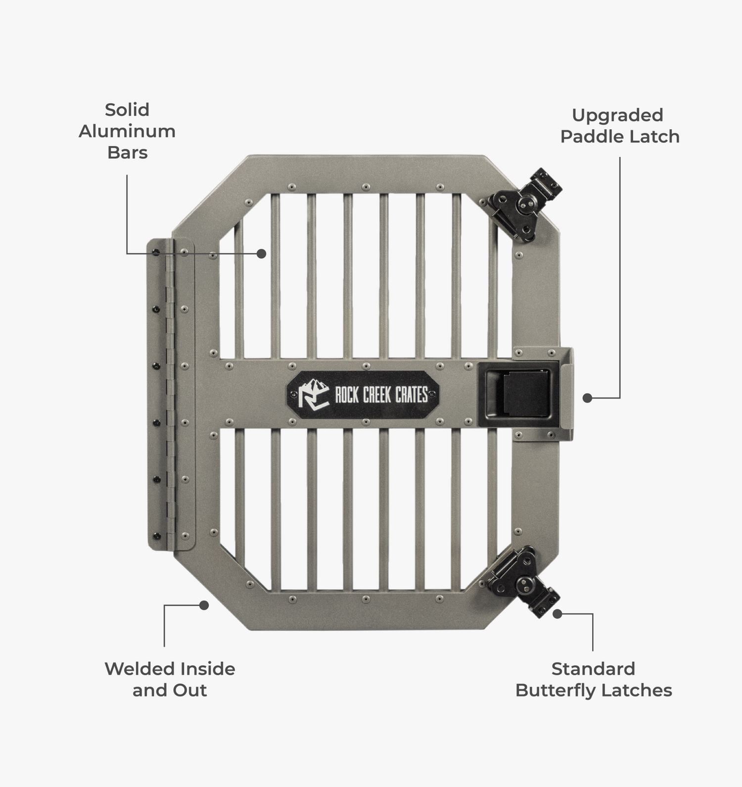 Collapsible dog crate door showing it's durable features such as strong latches and solid aluminum bars