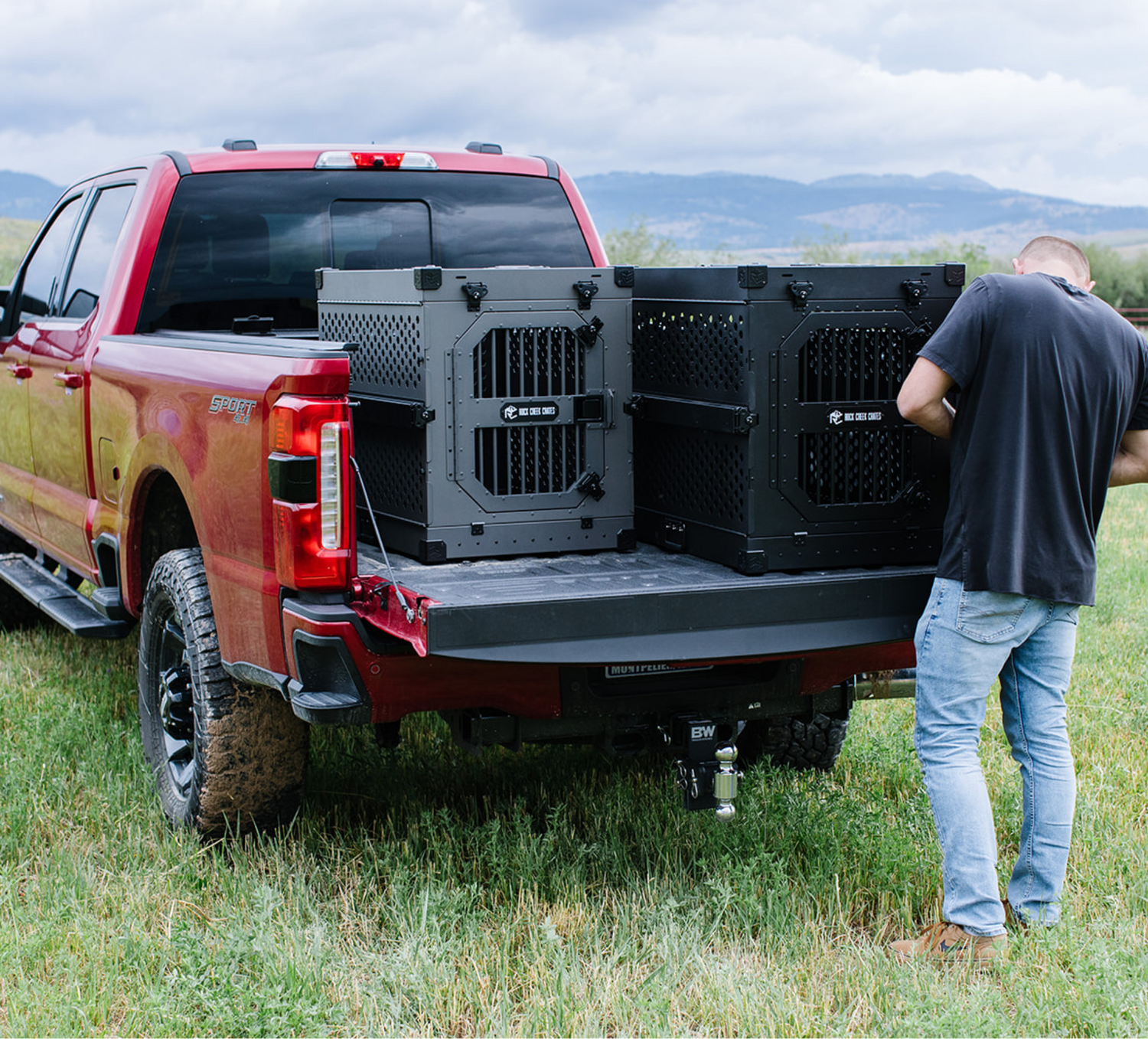 2 collapsible crates by Rock Creek Crates in the bed of a red pickup truck