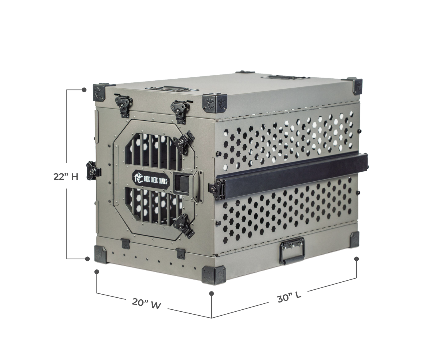 Medium-sized collapsible dog crate by Rock Creek Crates showing external dimensions