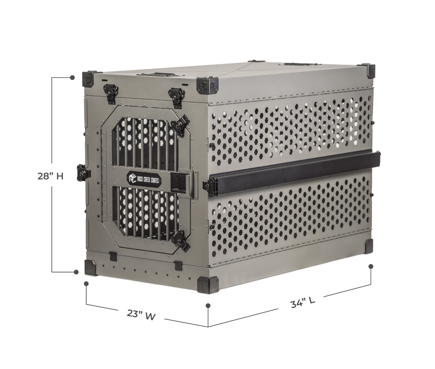 Large-sized collapsible dog crate by Rock Creek Crates showing external dimensions