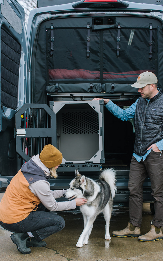 Stationary crate by Rock Creek Crates, in car next to dog and owner