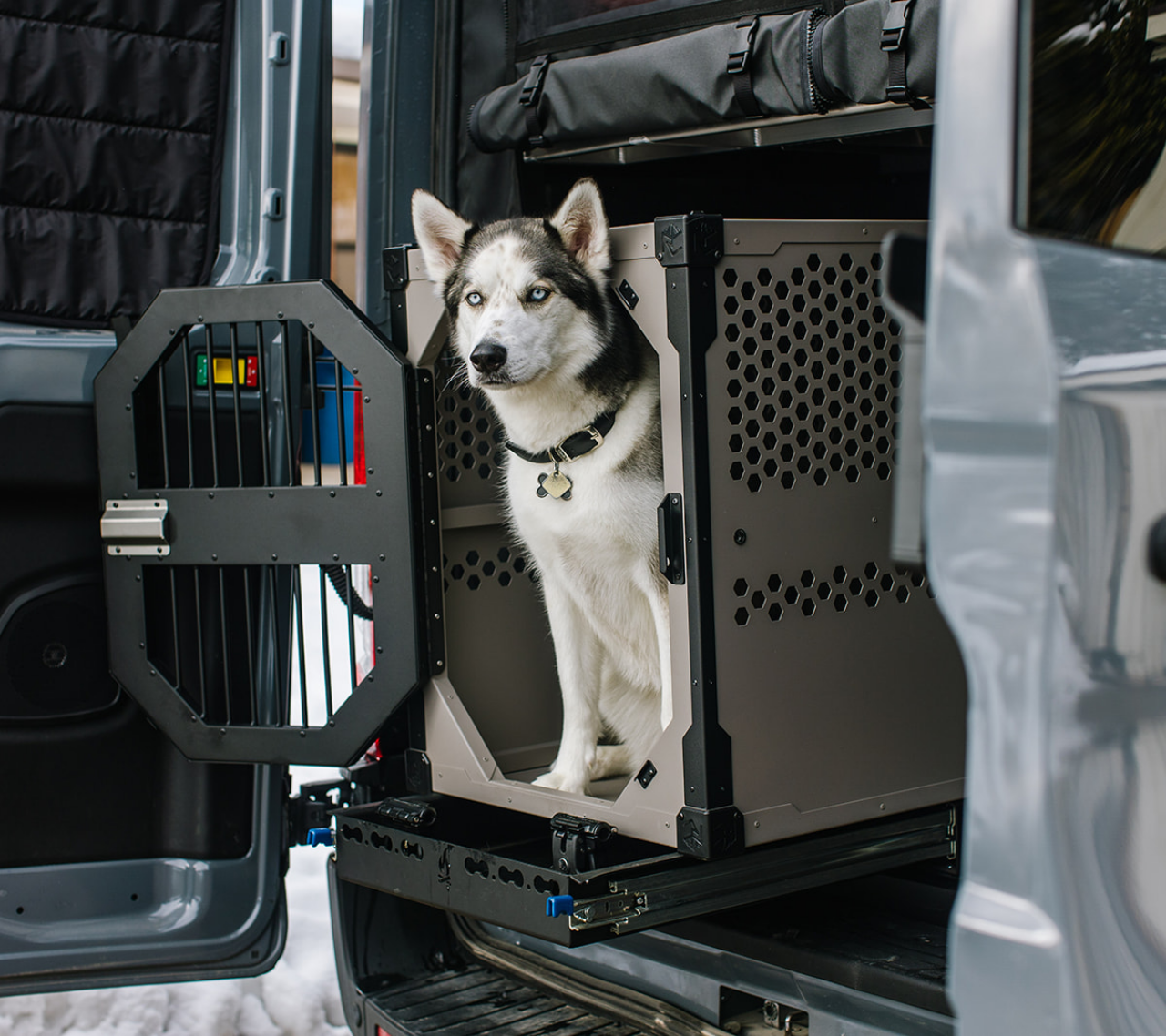 Grey Rock Creek Crates' stationary crate in a van with a husky 