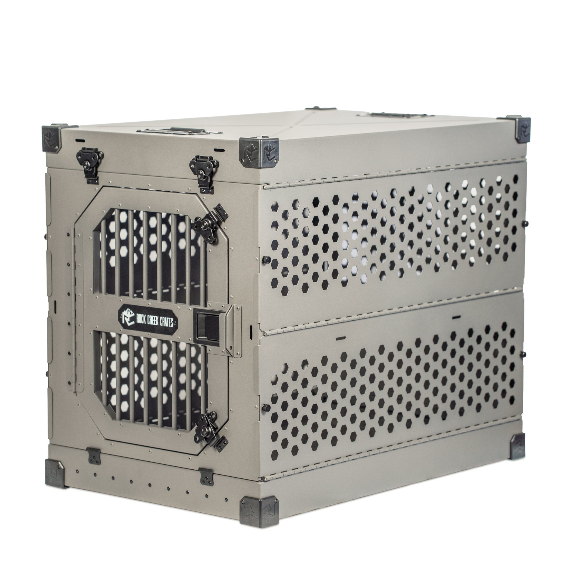 Grey collapsible dog crate by Rock Creek Crates