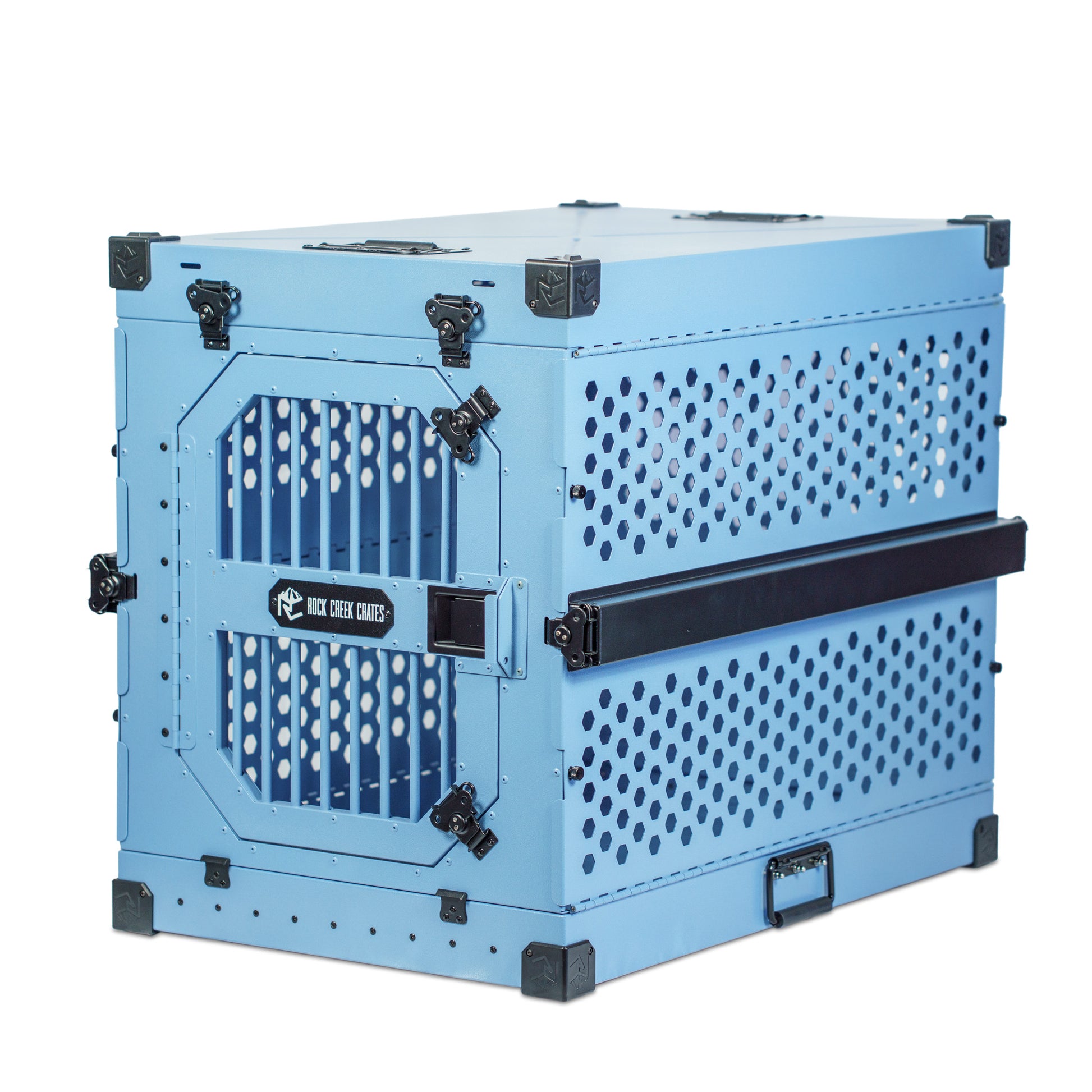 Blue collapsible dog crate by Rock Creek Crates