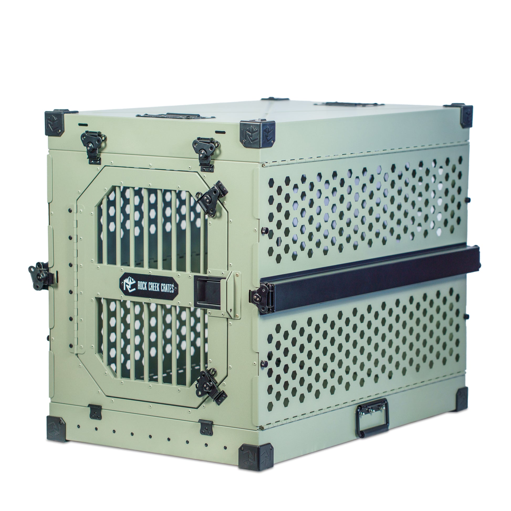 Sage green collapsible dog crate by Rock Creek Crates
