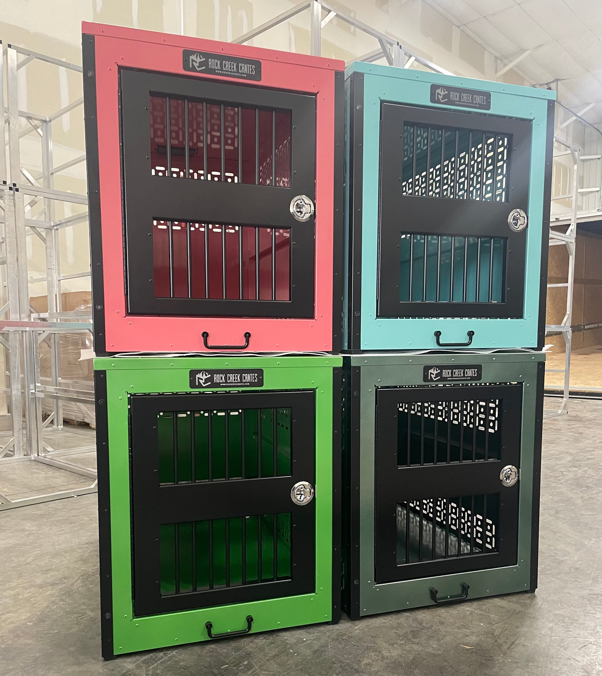 Stacked Custom-colored dog crates by Rock Creek Crates